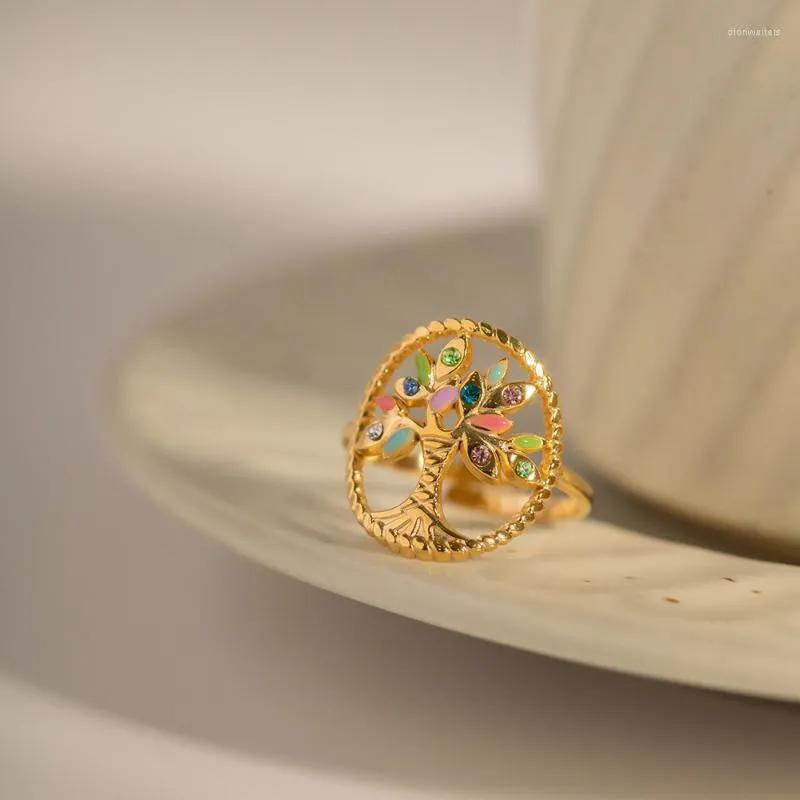 Pierścienie ślubne Minar ins moda kolorowy emalia pusta za urok drzewa dla kobiet 18 -karatowy złoto plisowany stal nierdzewna pierścień palca