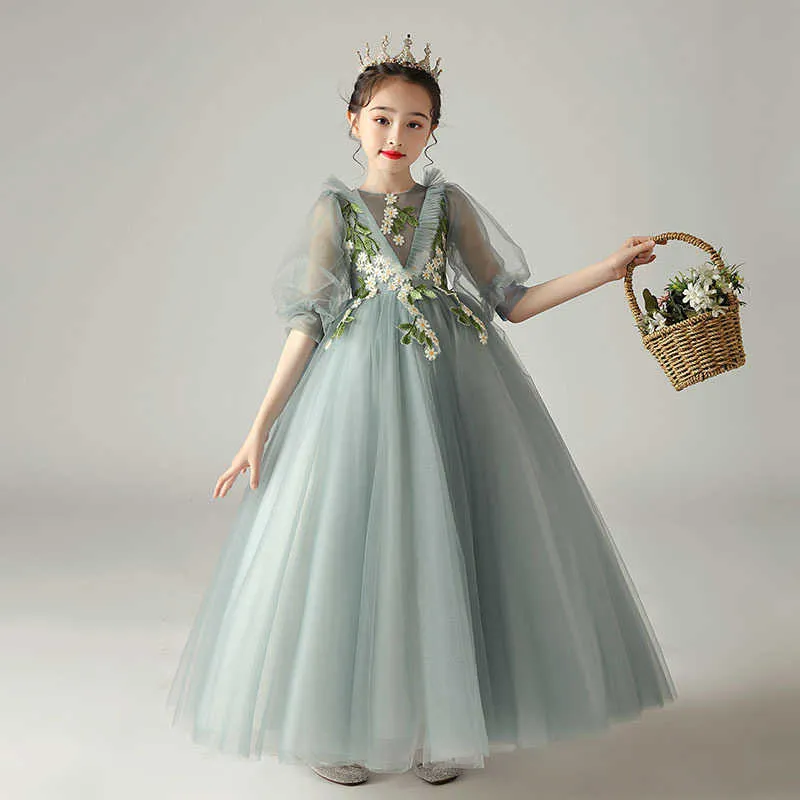 Flickans klänningar Green Flower Girl Dresses for Wedding 3T-14-årig Kid Pageant Evening Party Draped Tulle Ball Gown Lace Bridesmaid Princess Dress