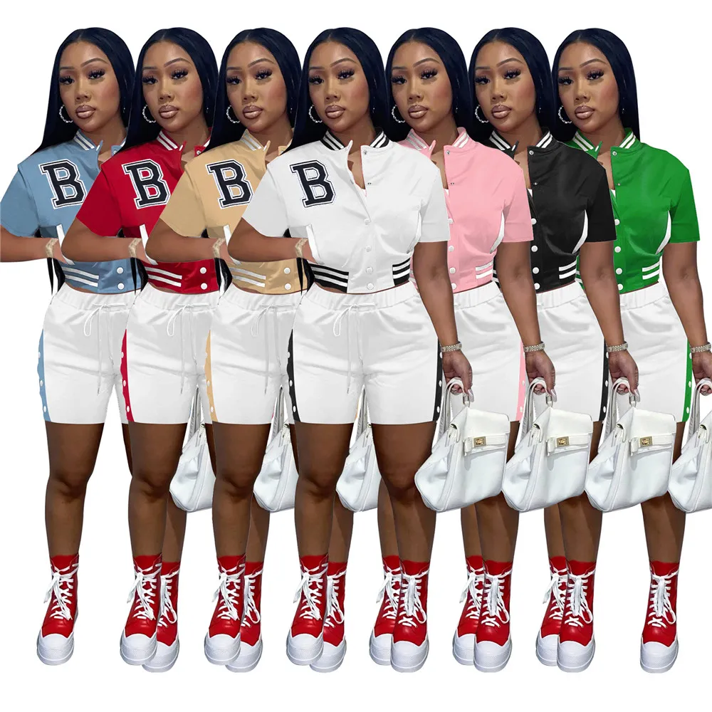 Designer Baseball Uniform Tracksuits Mulheres Outfits Dois Conjuntos de Peças Verão Manga Curta B Carta Jaqueta e Botão Shorts Casual Imprimir Ternos Esportivos 9355