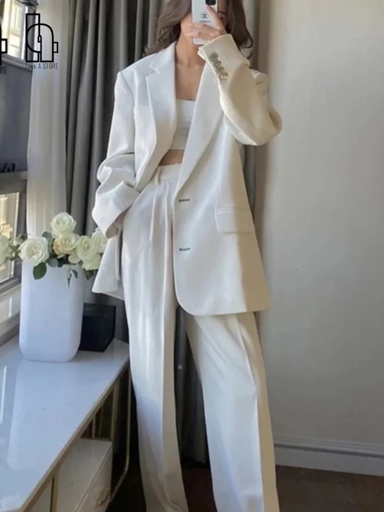 Womens Suits Blazers Luck A 2023 Women Office White Pink Suit TwoPiece Pantsuit Elegant Blazer Female Set Casual Loose Pants Jacket Work Clothes 230227