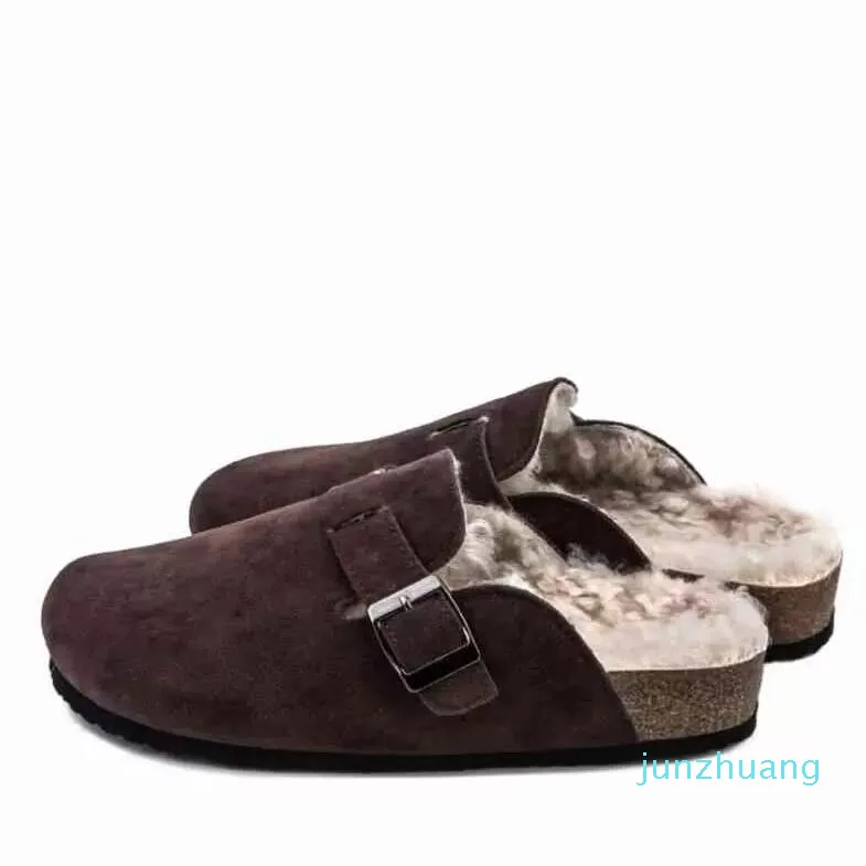 2234 Fashion Winter Fur Slipper Leather Mule Clogs Slippers L￥ngt plysch Varm inomhusmjukt korksp￤nne Slides skor f￶r kvinnor208e
