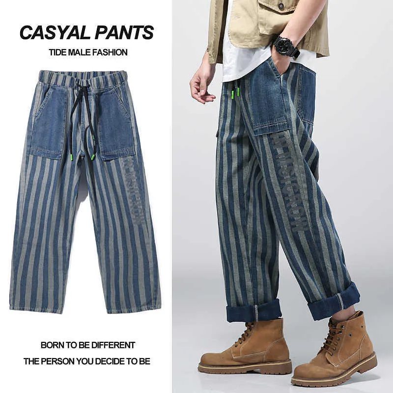 Men's Jeans 2021 summer new brand men's loose casual allmatch jeans fashion trend straight high street striped wideleg pants Z0225