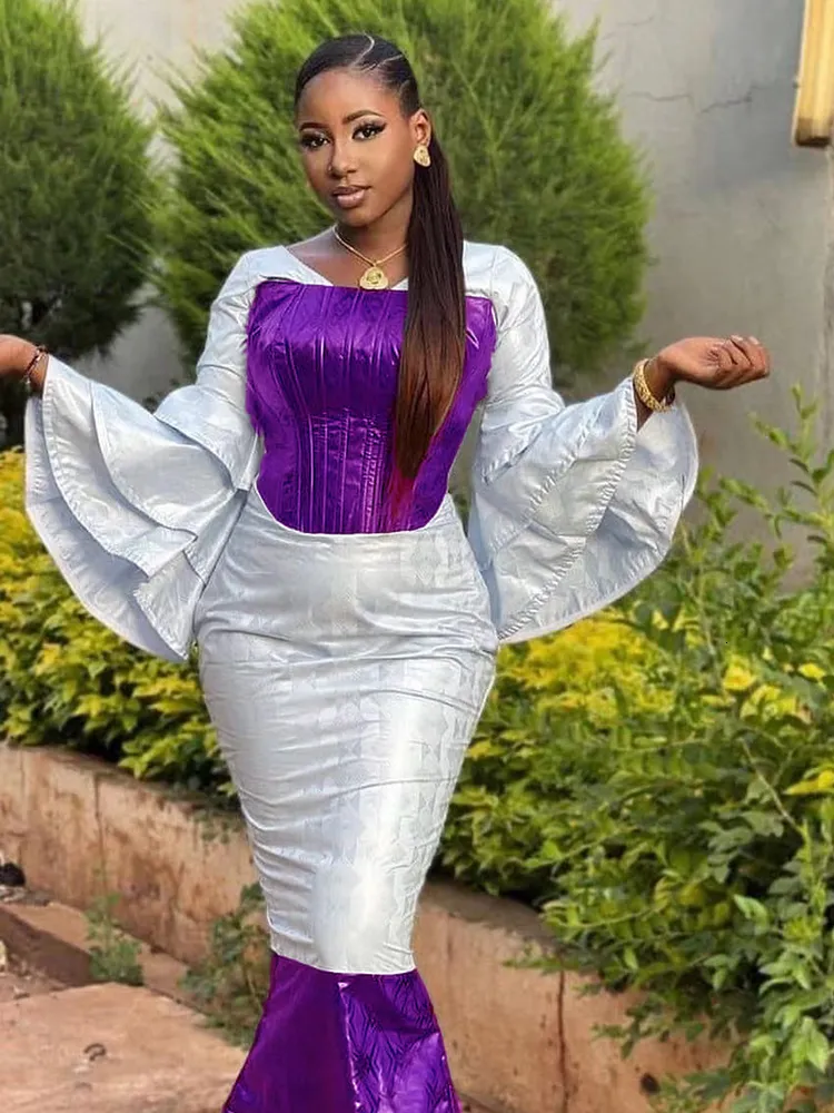 Vêtements ethniques Plus Taille Hiver Manches longues Bazin Riche Robes pour Nigeria Femmes Party Demoiselle d'honneur Costume Bassin Brode Eveing Robes 230227