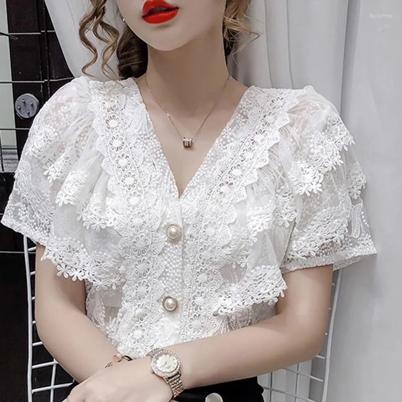 Blusas de mujer Primavera Francesa Sexy Tops Camisa de costura con volantes Mujer con cuello en V Encaje hueco para mujer Blusa de ganchillo de manga