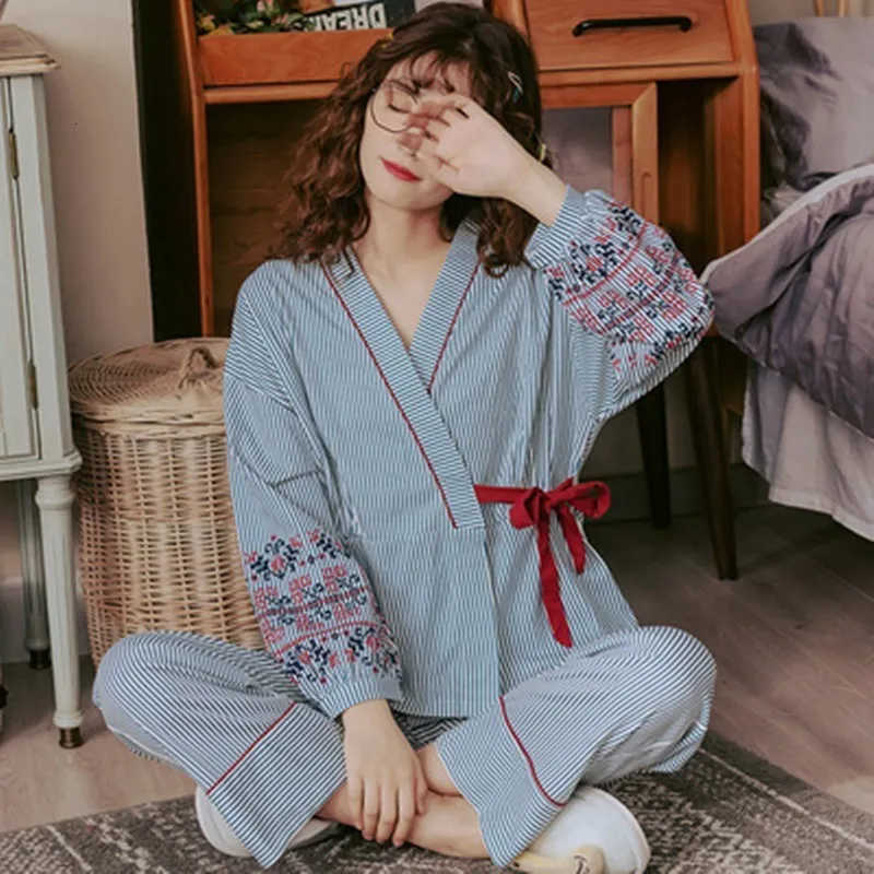 Kvinnors sömnkläder långärmad pyjamas kvinnors sommar tunna 100 kg ren bomullsband kostym japansk kimono vår och hösthushåll 230227