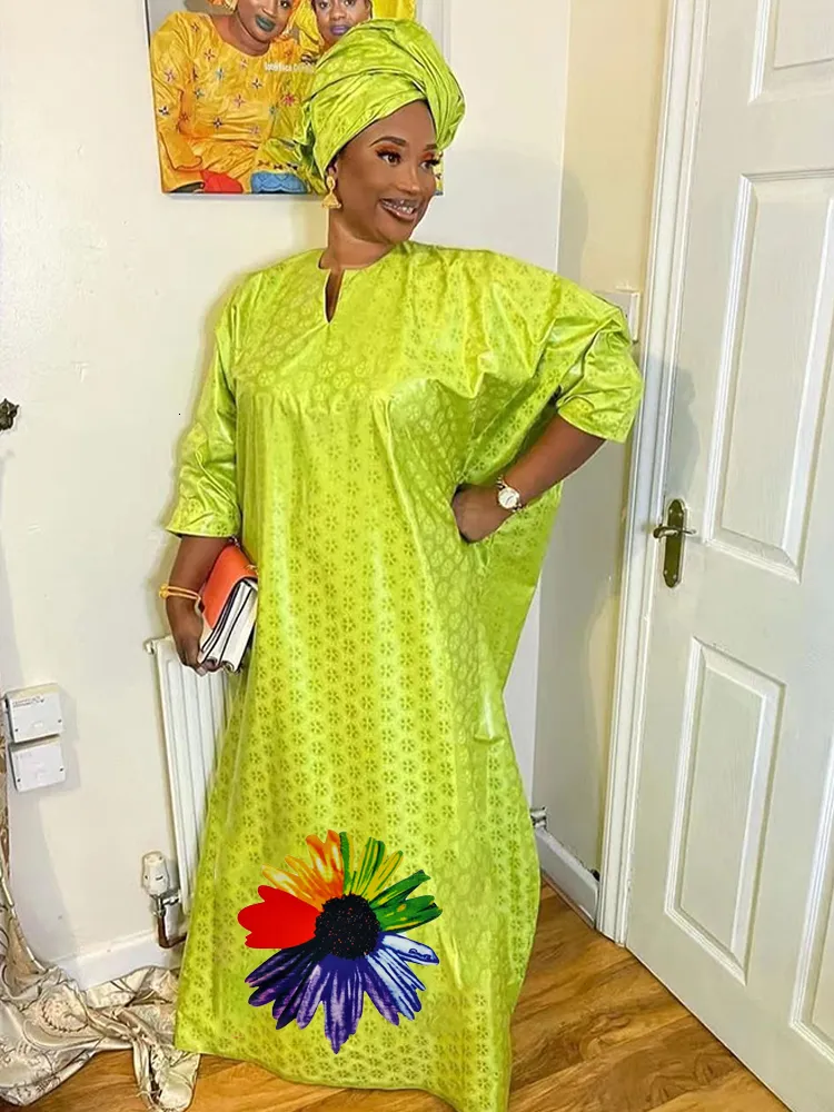 Etniska kläder Grön stor storlek Bazin Riche Femme senaste dagliga fest Kvällsklänningar Afrikanska dashiki Robe Long Dresses 230227