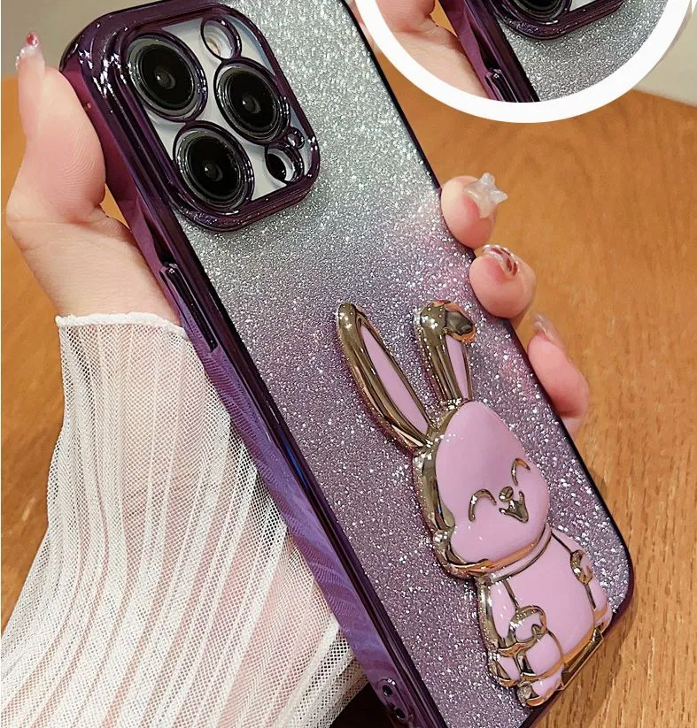 Porta de suporte de coelho de desenho animado e capa de telefone para iPhone 11 12 13 14 Pro Max X Xs Max XR 7 8 14 Plus Cover de revestimento de glitter de luxo