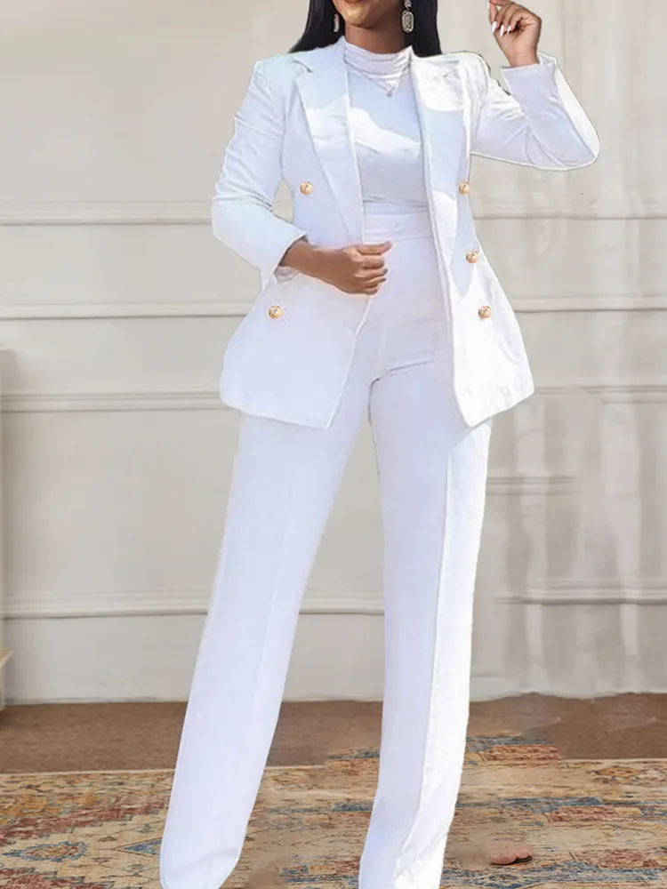 Two Piece Dress Women White Formal Business Blazer Suit Sets Elagant 6  Buttons Jacket Knee Length Skirts Wide Leg Pants Suits Casual Office Work  230227 From 15,73 €