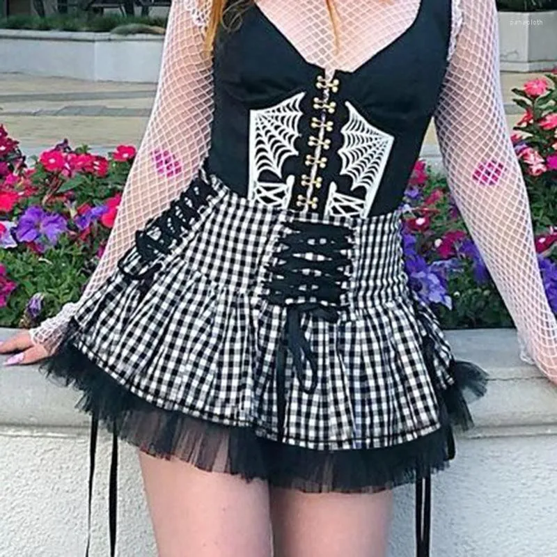 Spódnice 2023Spring Summer koronki z siatkami o wysokim poziomie falbany goth lolita czarno -biała plisowana spódnica seksowna damska mini