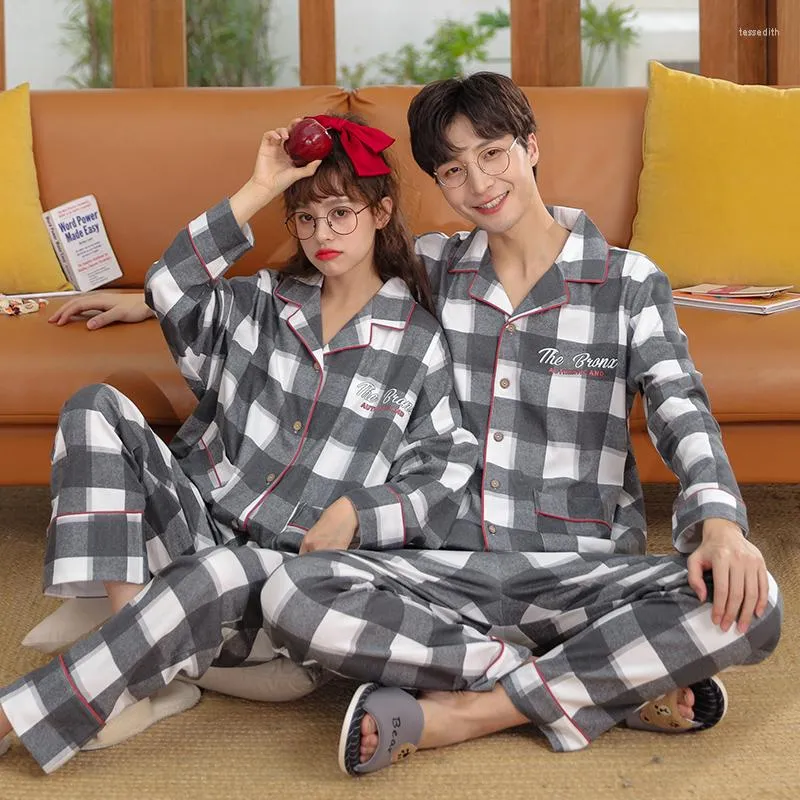 Kvinnors sömnkläder par pyjamas Set Autumn Winter Cotton Women Pyjamas Men Lovers Long Sleeve Sweet Cardigan Plaid Pijama