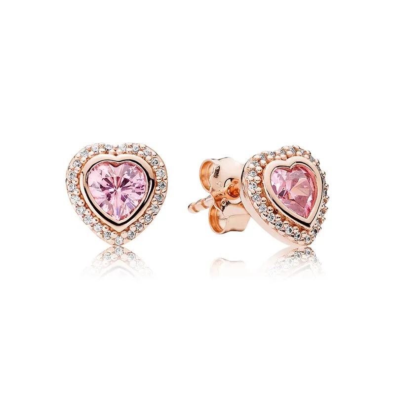 Orecchino a forma di cuore con diamante rosa CZ in oro rosa per Pandora Argento sterling 925 Gioielli di design per matrimoni per le donne Orecchini di lusso regalo fidanzata con scatola originale