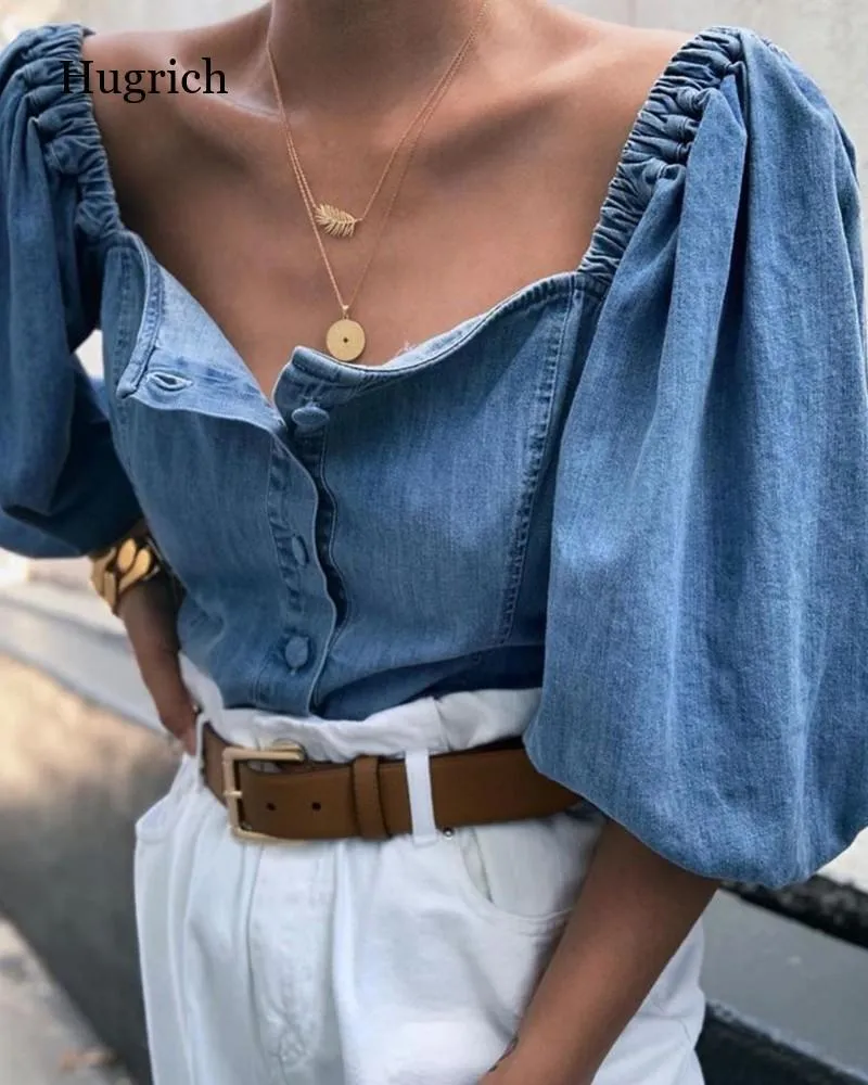 Women's T Shirts 2023 Fashion Women Off Shoulder Puff Sleeve Denim Rerto Blouses Tops Casual Loose Summer Female Vintage Blouse Plus S