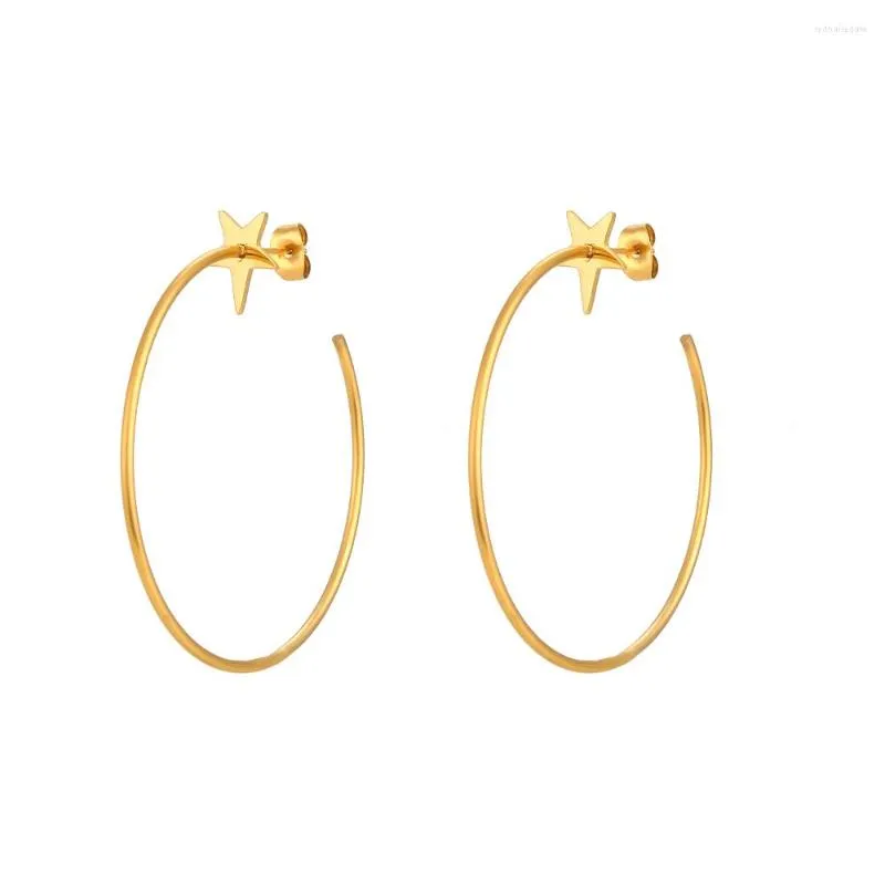 Boucles d'Oreilles Créoles Punk Plaqué Or 18K Mince Grand Ouvert Acier Inoxydable Étanche Étoiles Esthétique Minimaliste Pour Femme