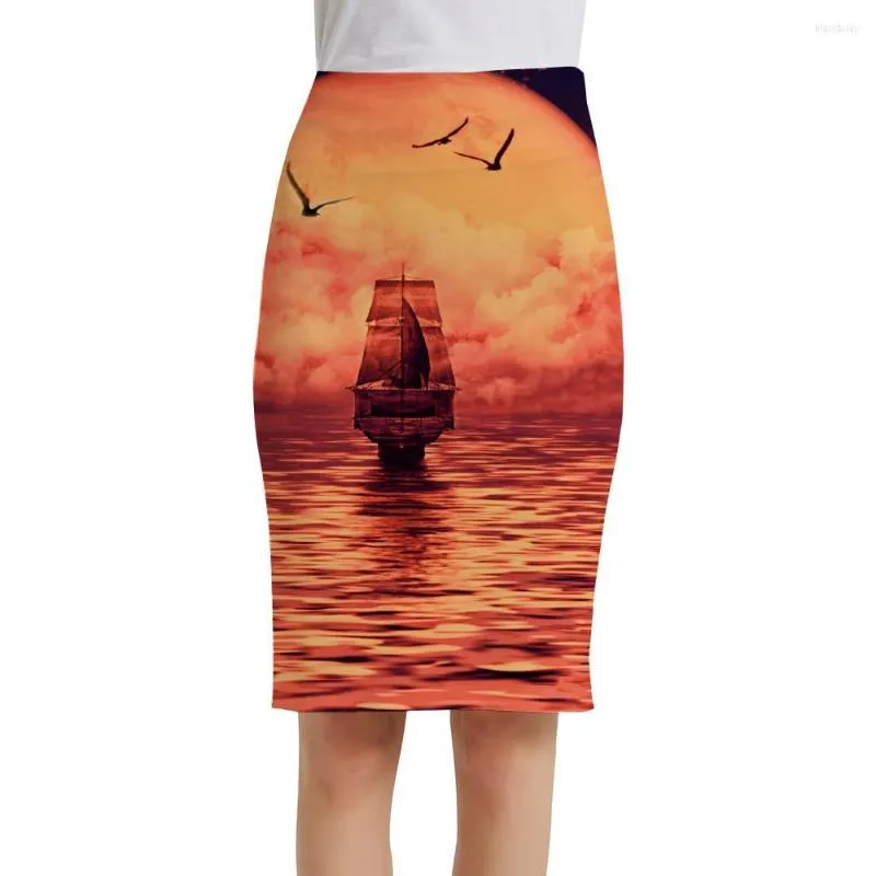 Skirts KYKU Ferry Women Clouds Pencil Ocean Print Skirt Travel Sundresses Office Ladies Womens Vintage Anime Fashion