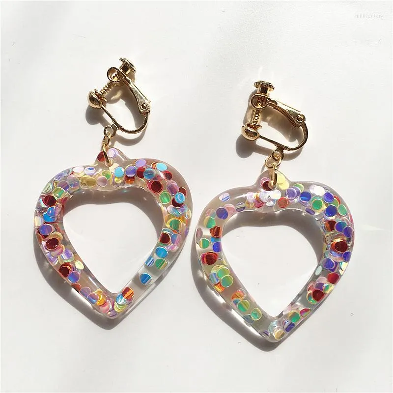 Backs oorbellen Ujbox Glitter Love Heart Pailletten Resin Schroef Clip aan voor vrouwen meisjes geen piercing sieradencadeau