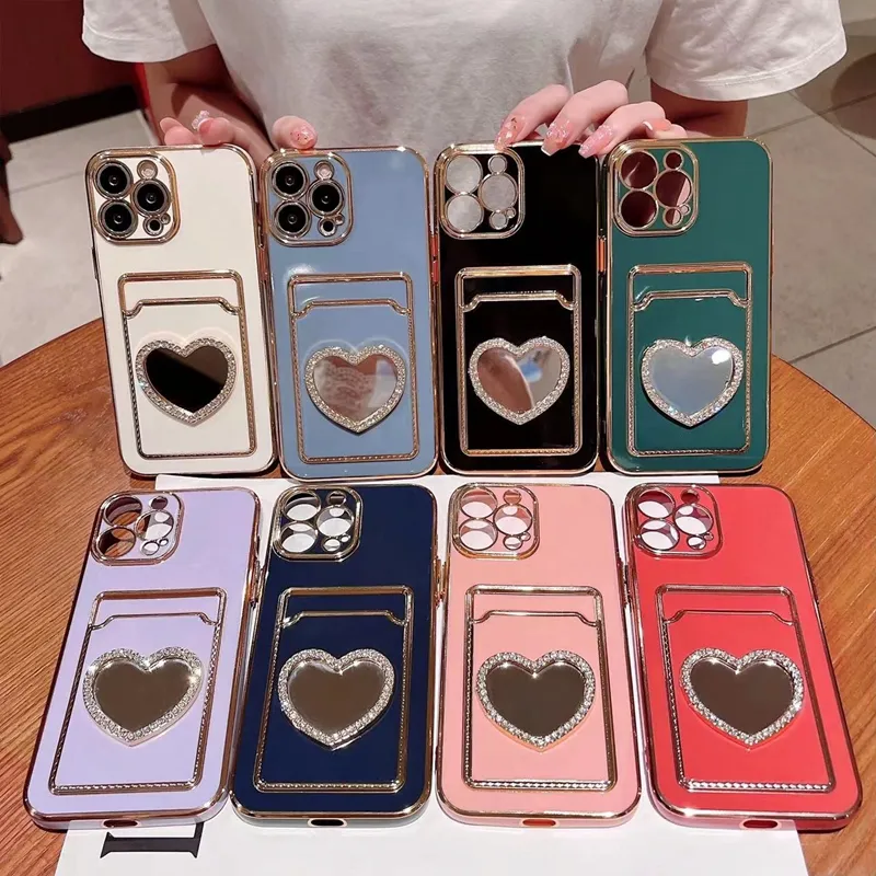 Bling Diamond Mirror Card Pocket Cases For Iphone 15 14 Pro Max 13 12 11 X XR 8 7 Plus Soft TPU Card Slot ID Heart Love Metallic Plating Chromed Fine Hole Mobile Back Cover