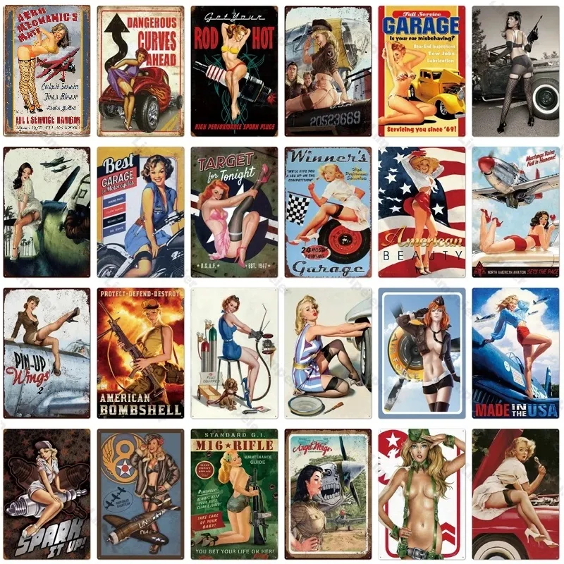 Sexy Hot Gril Metal Tin Sign Garage Rules Metal Poster Tin Plaque Vintage Sexy Lady Metal Tin Plate Retro Wall Sticker for Man Cave Decor Home Wall Decor Size 30X20CM w01