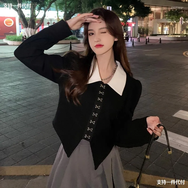 Women's Blouses Sweet Style Polo Neck Blouse Women Black And White Puff Sleeve Cropped Pullover Unique Design Shirt
