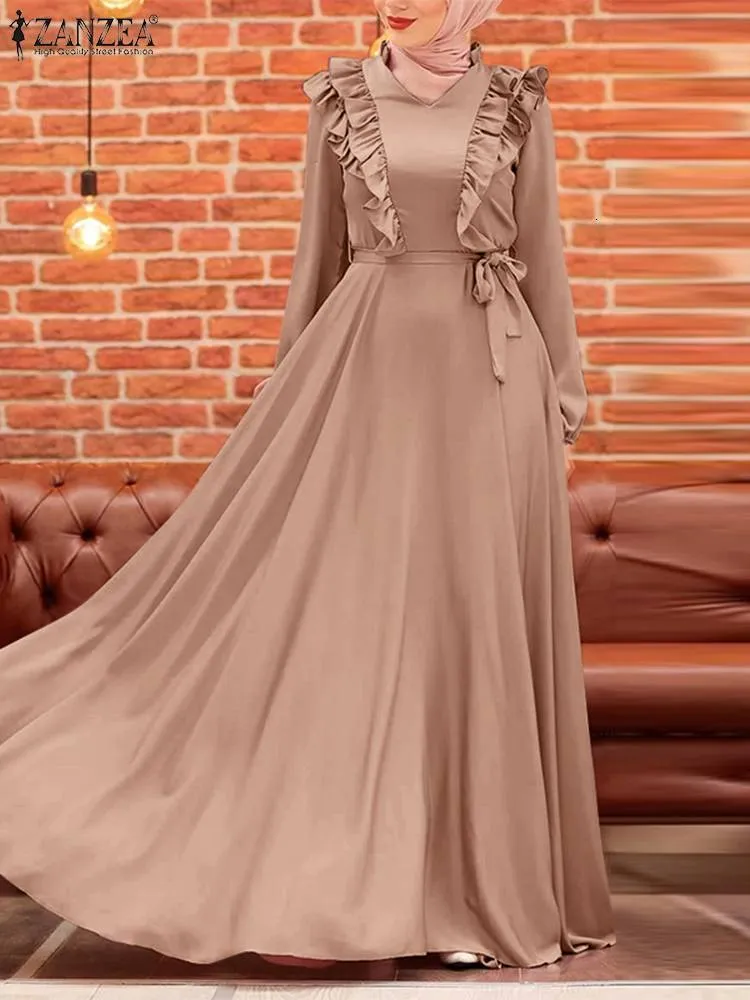 Vêtements Ethniques ZANZEA Mode Col En V À Manches Longues En Satin Robe D'été Eid Mubarek Femmes Élégantes Musulman Maxi Robe Ramadan Turquie Abaya Vestidos 230227