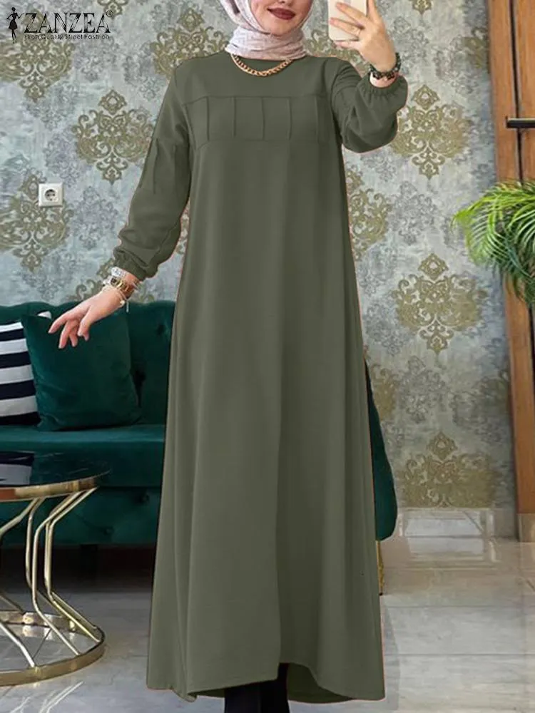 Ubranie etniczne Zanzea Solid muzułmańska sukienka modowa Kobiet One -długi rękaw Sundress Elegancki vintage szat Turkish Abaya Kaftan Isamic 230227