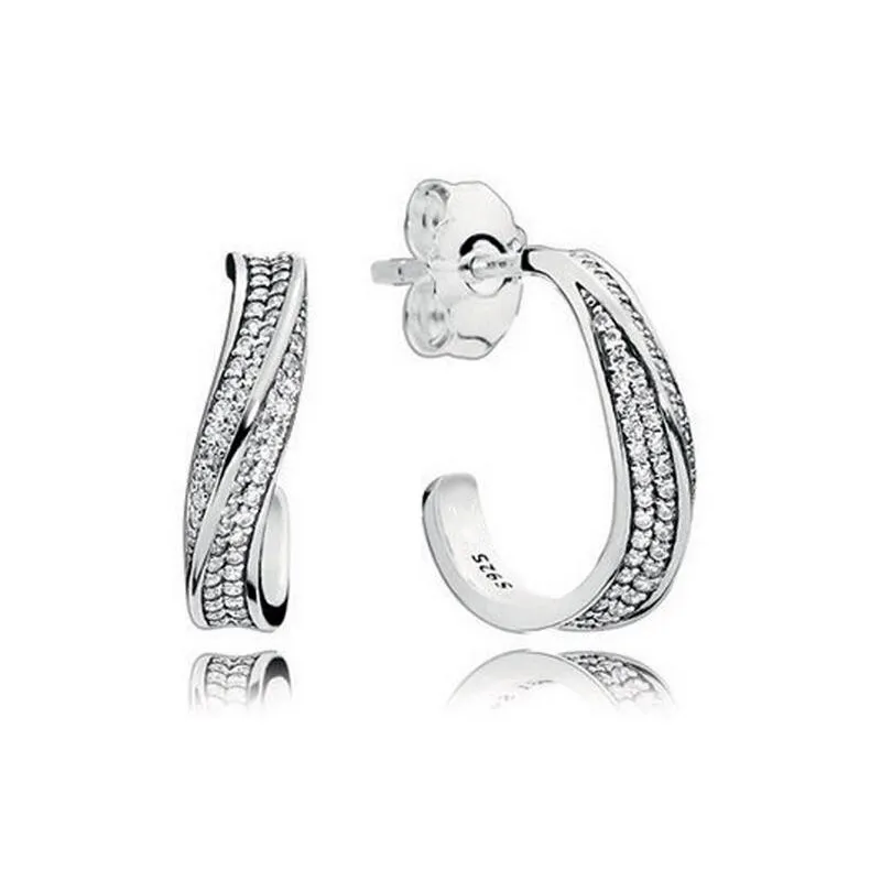 Pave Wave Hook Stud Earring 925 Sterling Silver for Pandora Womens Wedding designer Jewelry Girlfriend Gift CZ Diamond Earrings with Original Retail Box