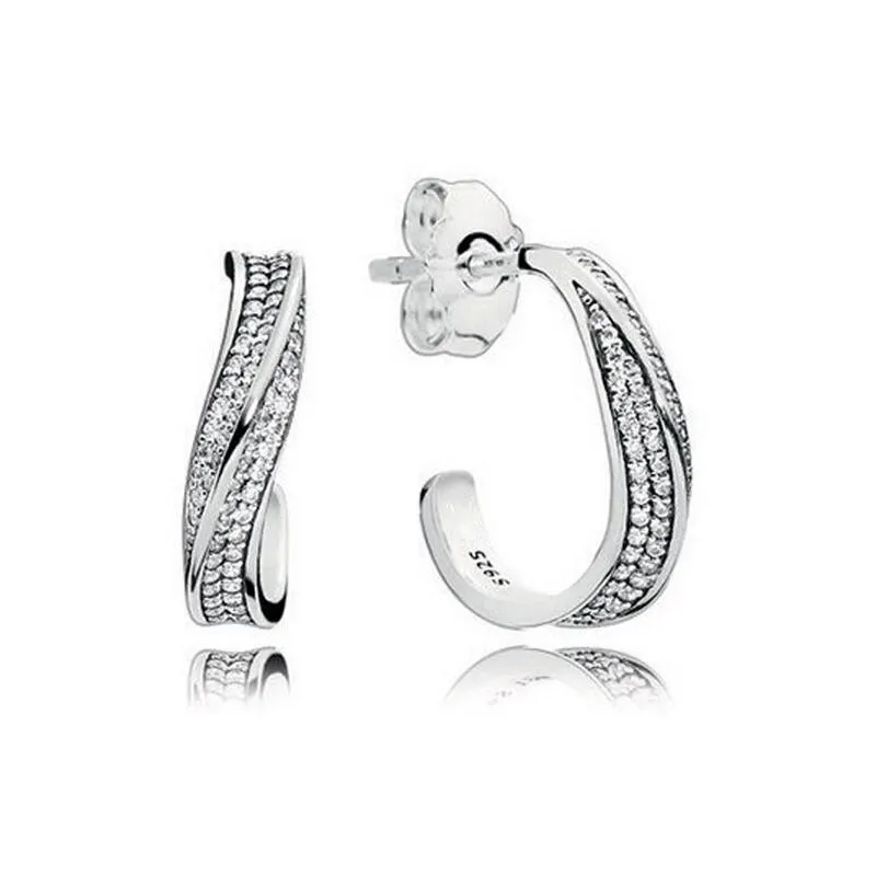 Pave Wave Hook Stud Boucles d'oreilles en argent sterling 925 pour Pandora Womens Designer de mariage Bijoux Girlfriend Gift CZ Boucles d'oreilles en diamant avec boîte de vente au détail d'origine