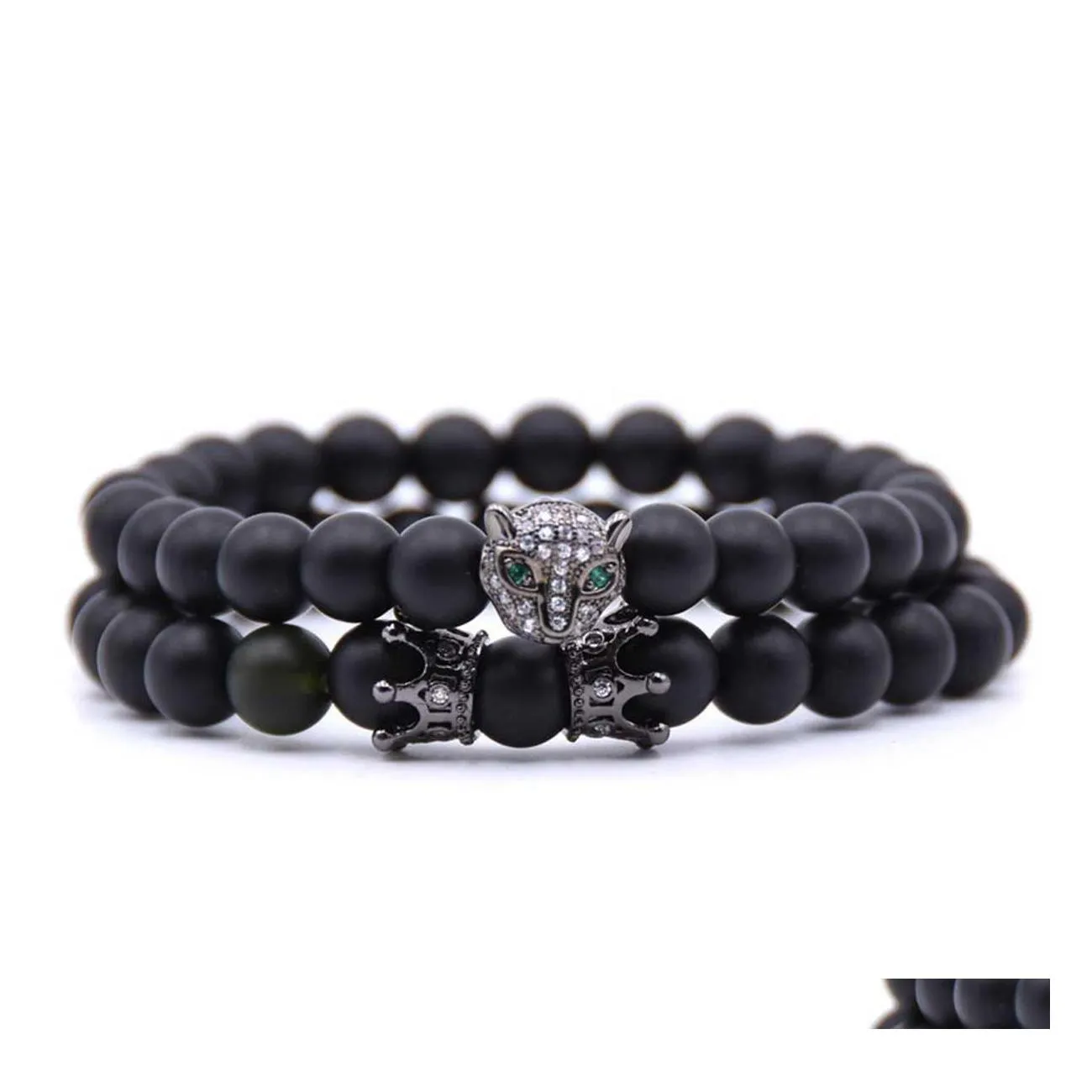 car dvr Beaded Strands 10Pc/Set Wholesale Crown Bracelet Sets Black Matte Mala Stone For Men Women Handmade Custom Jewelry Drop Delivery Bra Dhecy