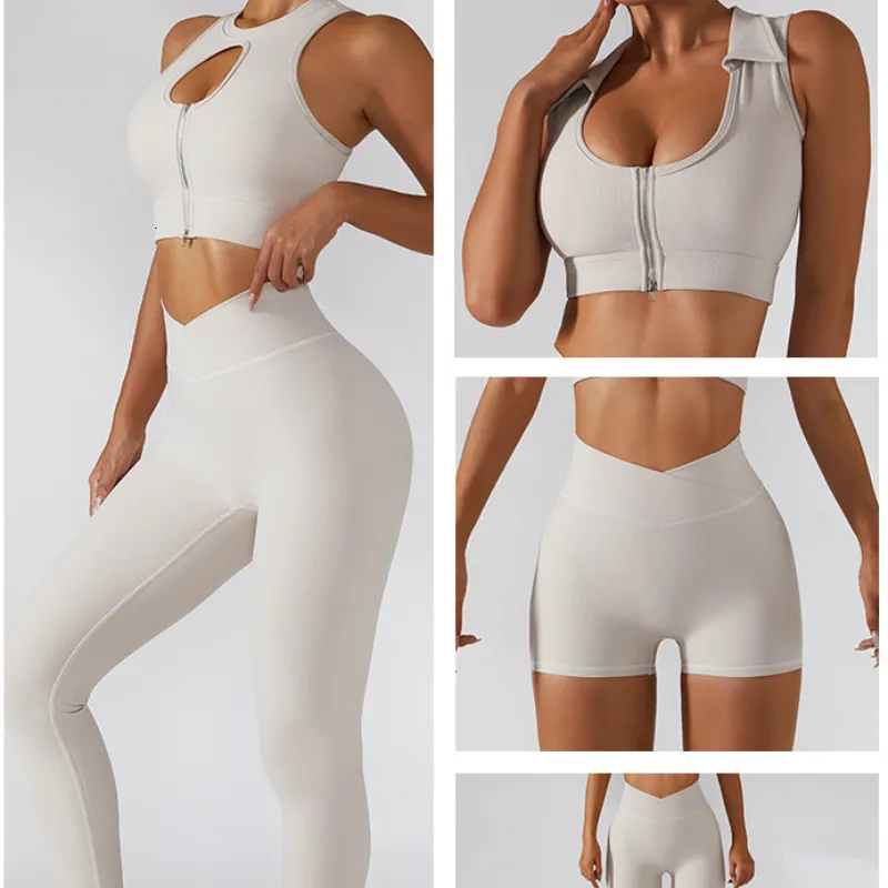 Kadınlar için Yoga Kıyafetleri Egzersiz Kıyafetleri Dikişsiz Nervürlü Kesme Fermuar Kırpma Üst Tank Şort Streç Spor Tayt Yoga Seti Kıyafetler Spor Seti 230227