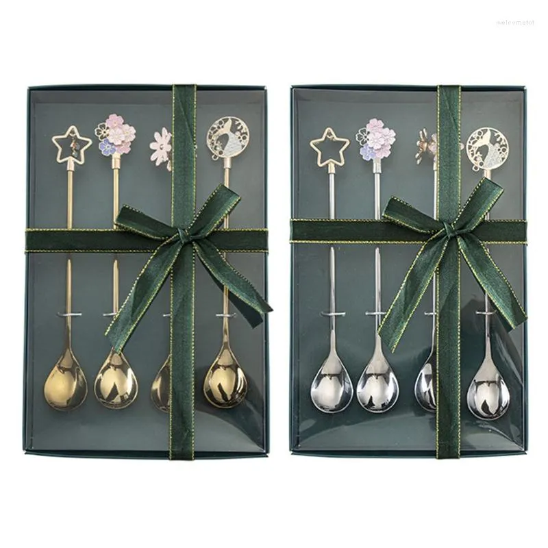 Dinnerware Sets Stainless Steel Long Handle Mixing Spoon Set Cherry Blossoms Spoons For Coffee Mug Tea Universal