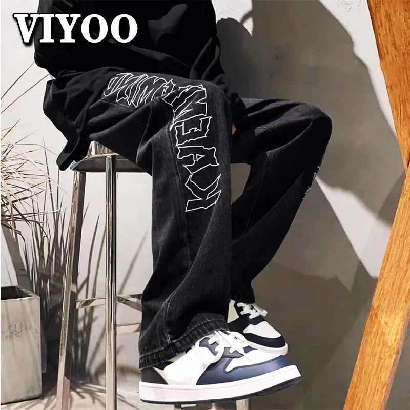 Men's Jeans Women Hip Hop Male Black Printed Y2K Baggy Man Retro Vintage Denim Pants Straight Trousers Wide Leg For Men 230227