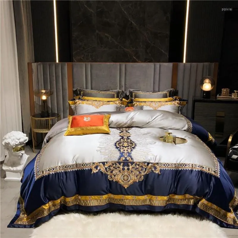 Bedding Sets Luxury Gold Blue Damasco Chic Bordado Conjunto Egípcio Caspo de cetim de cetim de seda lençol de tampa da capa de capa de cobertura 4/6/11pcs