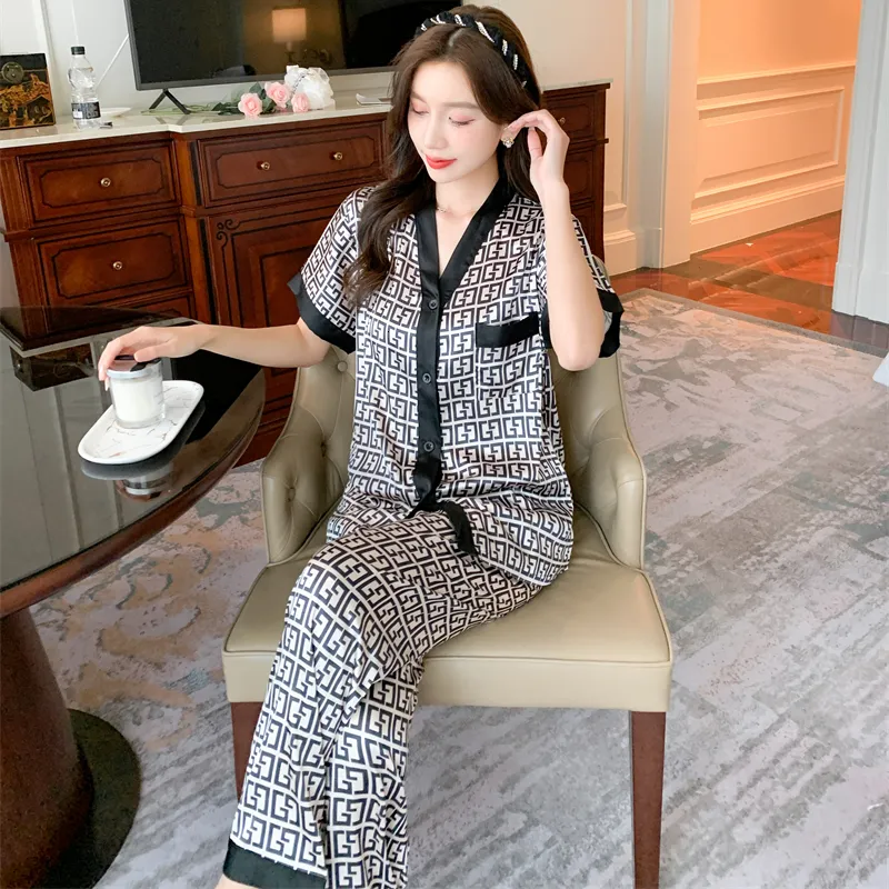 Luxury Silk Pajama Set For Women Plus Size, V Neck, Letter Print, M 5XL,  Summer Home Suit, Stain Organza Fabric Dress, Mujer 230227 From Kong00, $13