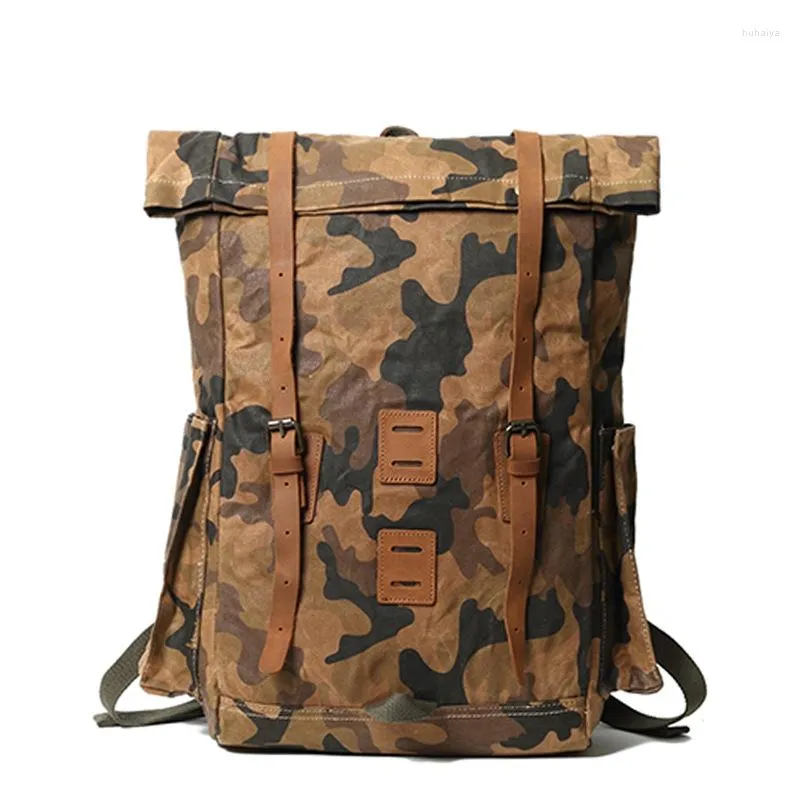 Sac à dos pour hommes de grande capacité extérieure pour hommes sac en cuir en cuir en cuir cire de camouflage imperméable bagages de camping