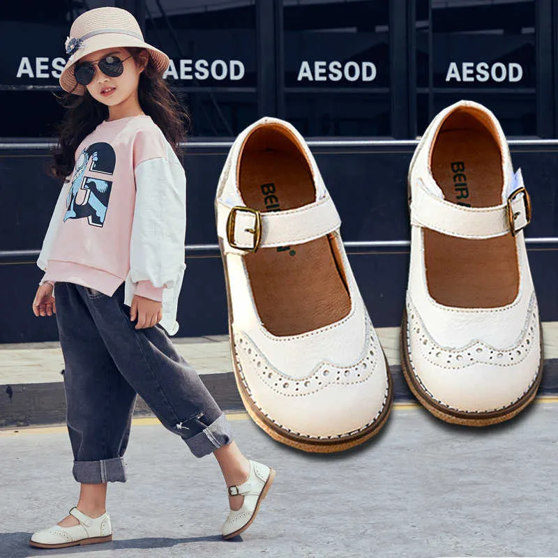 Sandals Retro Girl Sandals Genuine Leather Princess Shoes Fashion Kids Single Shoes Children Sandals Z0225