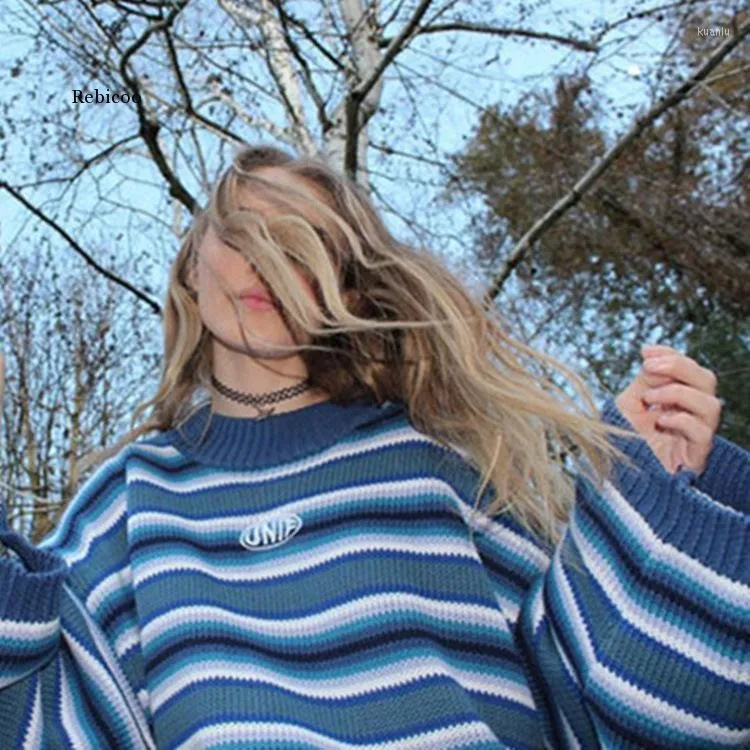 Женские свитера Clarissa Свитер синий белый полосатый негабаритный перемычка вышита мак