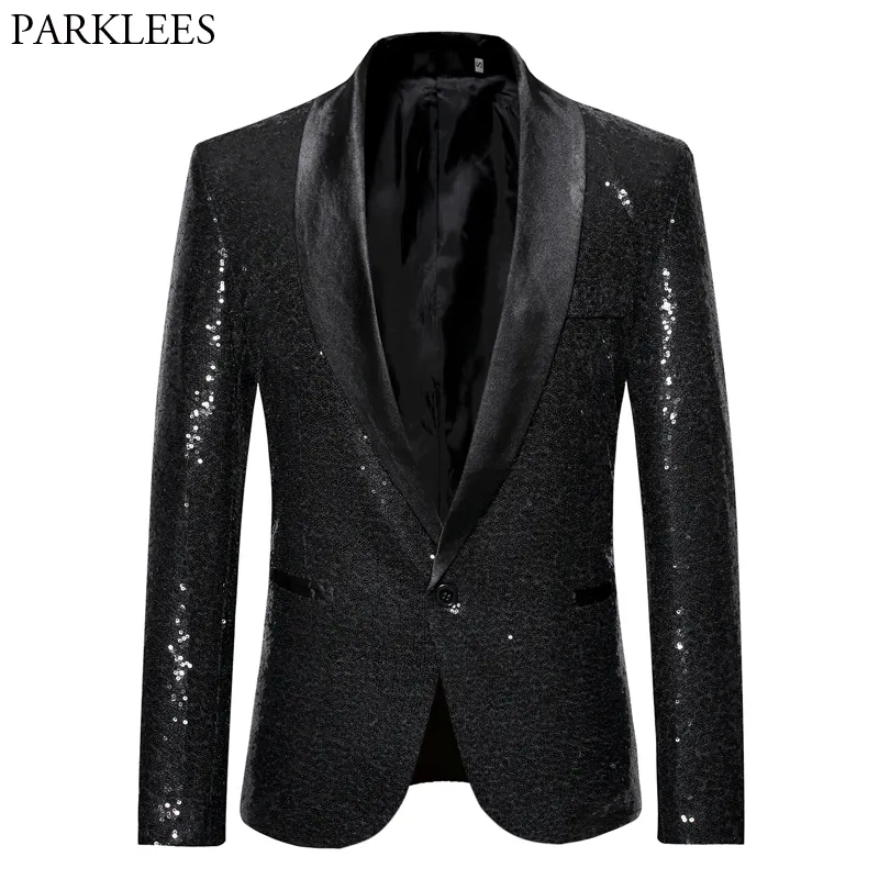 Erkekler takımları blazers siyah pullu bir düğme şal yaka takım elbise ceket erkek bling parıltı gece kulübü balo dj blazer ceket erkekler için kıyafetler şarkıcılar için kıyafetler 230227