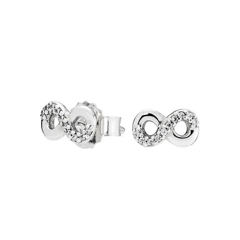 Real Sterling Silver Sparkling Infinity Stud Earrings for Pandora Fashion Wedding Party Jewelry For Women Girlfriend Gift CZ Diamond Earring with Original Box