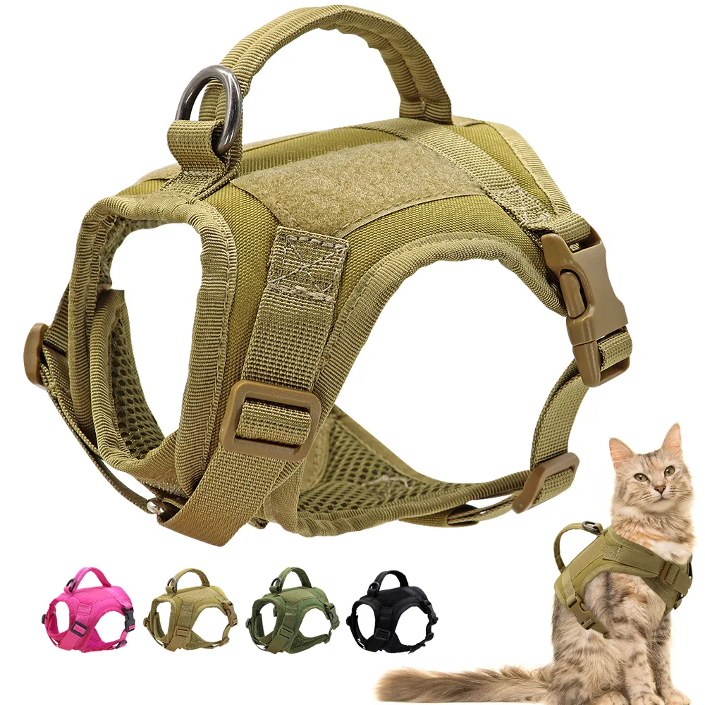 Obroże kotów prowadzą wojskowe uprząż taktyczną nylonową wiązką kamizelki szczeniaka z uchwytem regulowanym dla małych psów trening zwierząt domowych 230227
