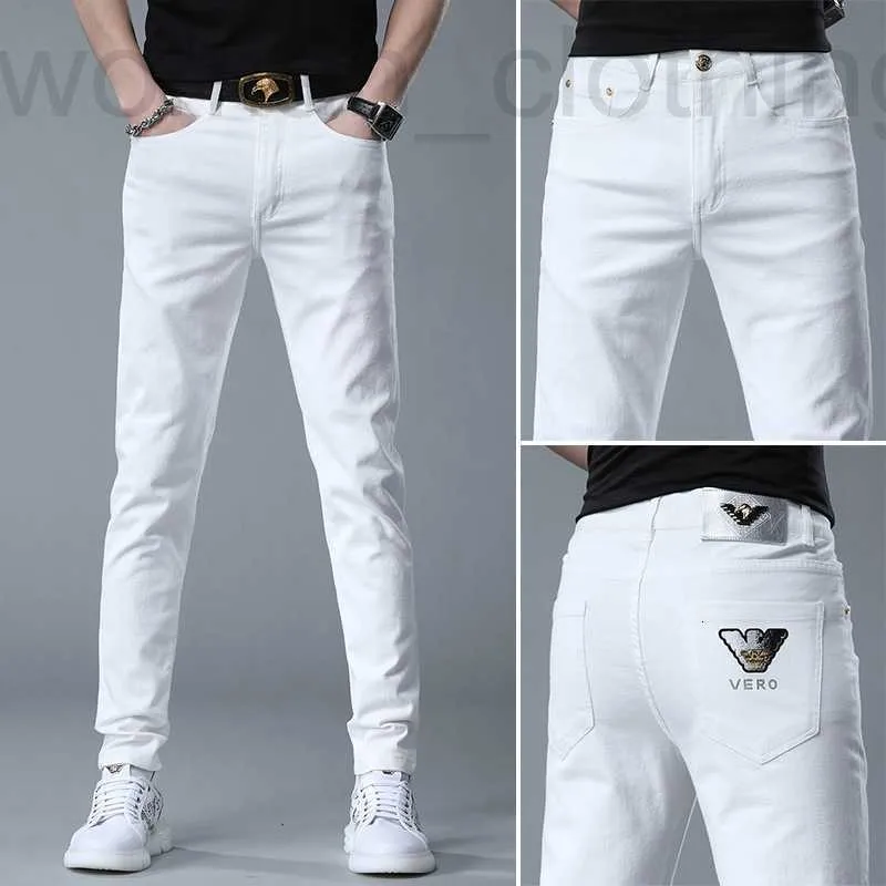 Men's Jeans Designer Spring and summer white denim pants men's casual embroidery hot drill elastic middle waist Slim Skinny Men 9KVE