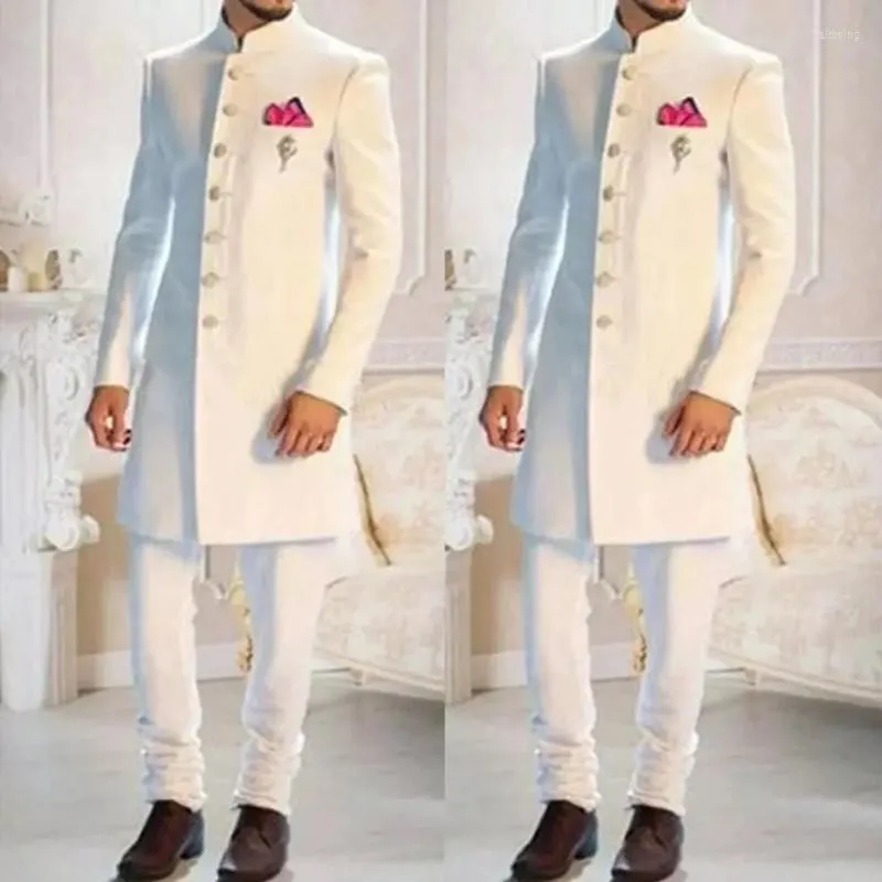Ternos masculinos Design de moda White Stand Collar Single Smokted Etnic Tuxedo Groom Long For Men Wedding formal Slim Fit Wear 2pc