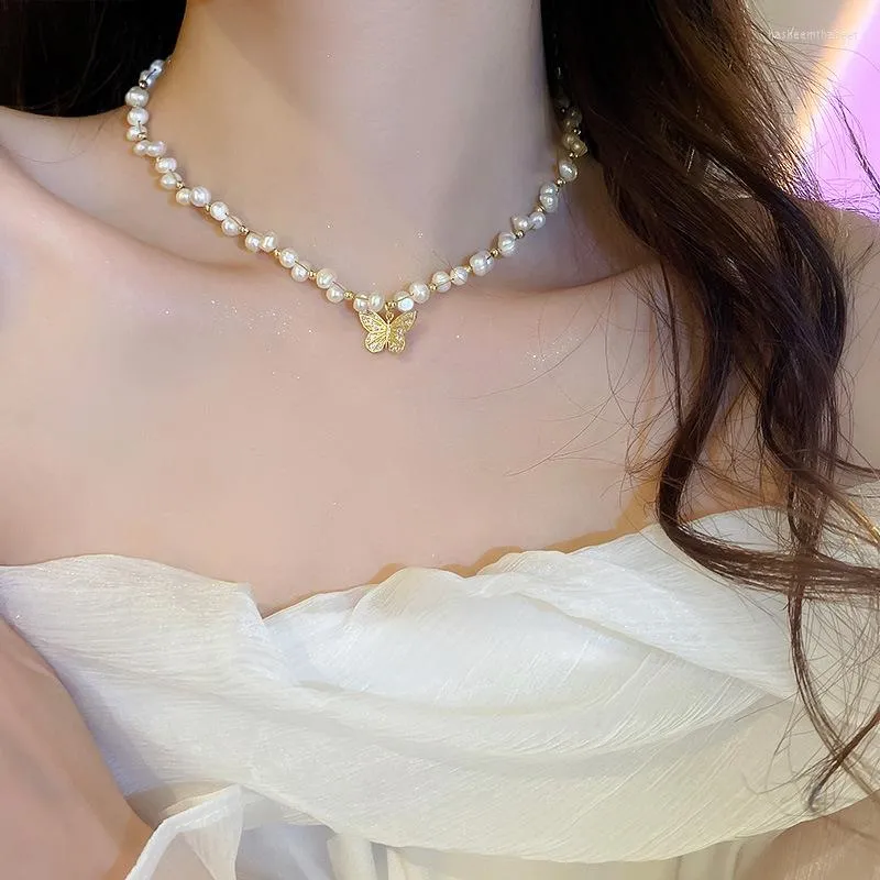 Collane con ciondolo Collana di perle d'acqua dolce naturale Moda donna Intarsio di lusso Zircone Farfalla Gioielli da sposa per feste estetiche