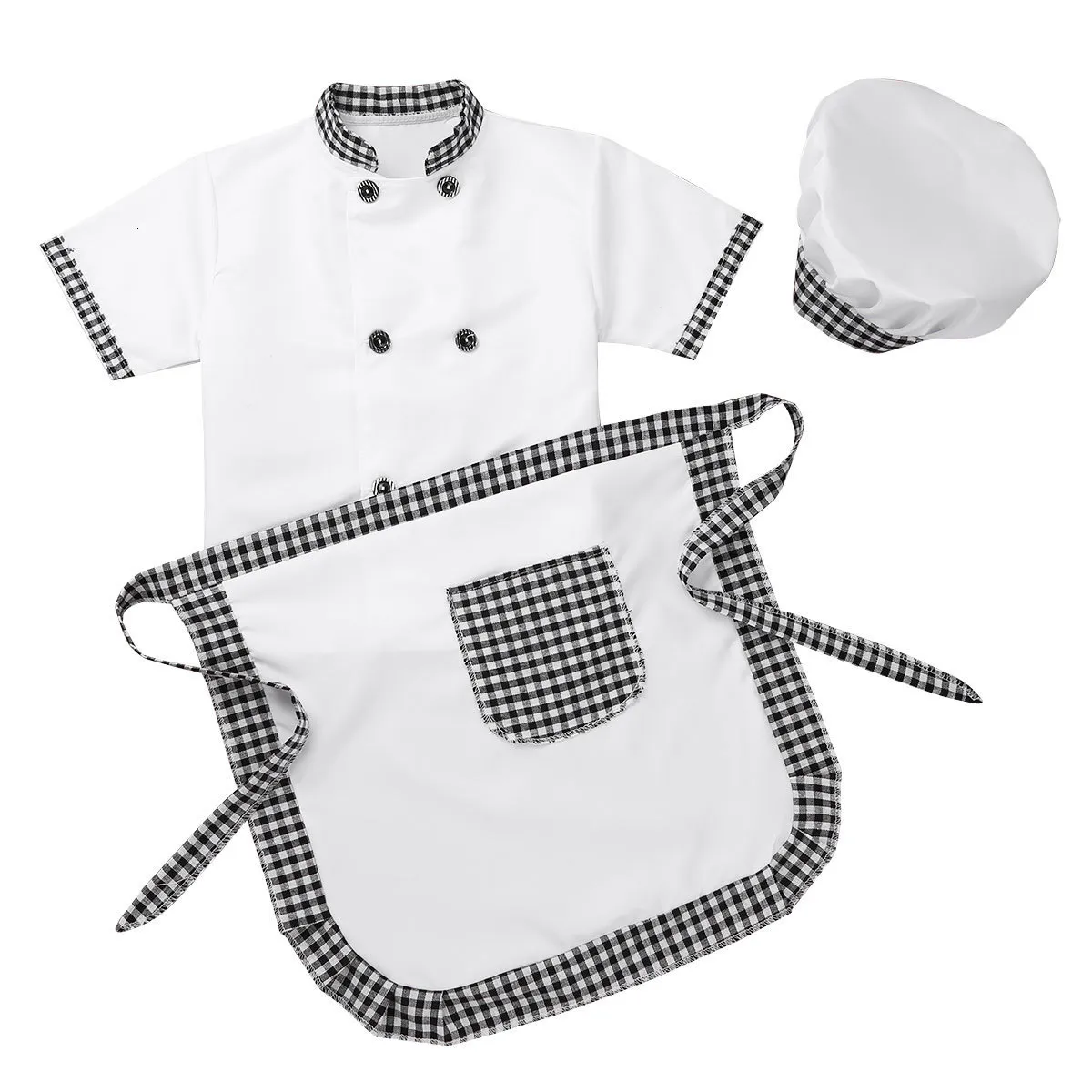 Önlükler Çocuk Kostümü Şef Üniforma Ceket Şapka Kapağı Çocuklar Cosplay Mutfak Restoran Giyim Performansları Erkek Kızlar Yemek 230227