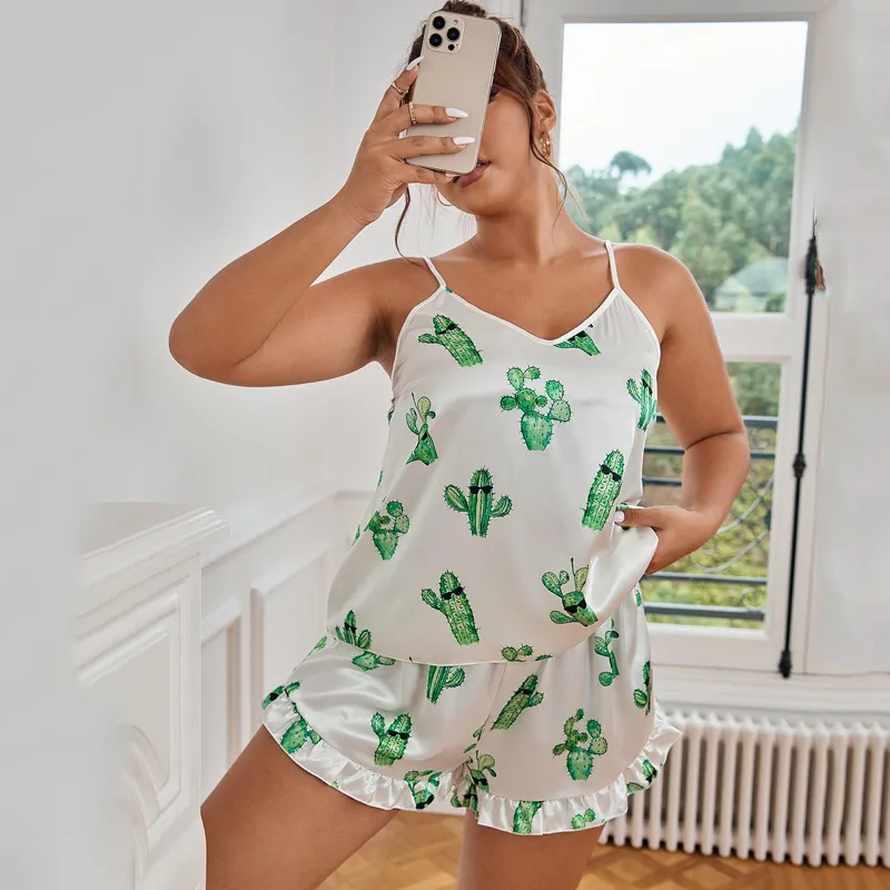 Womens Sleepwear QSROCIO Pajamas Set Plus Size Cactus Print Silk Like Homewear Sling Camisole Shorts Nightwear 5XL for Summer 230227