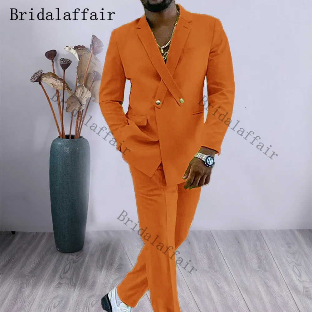 Men's Suits Blazers Bridalaffair Cross Lapel Design Men Suit Orange 2 Pieces Male Jacket Pants Custom Fashion Groom Wedding Suit Tuxedo Blazer set 230227