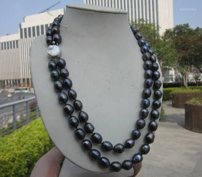 Chains Beautiful 2 Rows 11-13MM Tahitian Black PEARL NECKLACE 17-18"