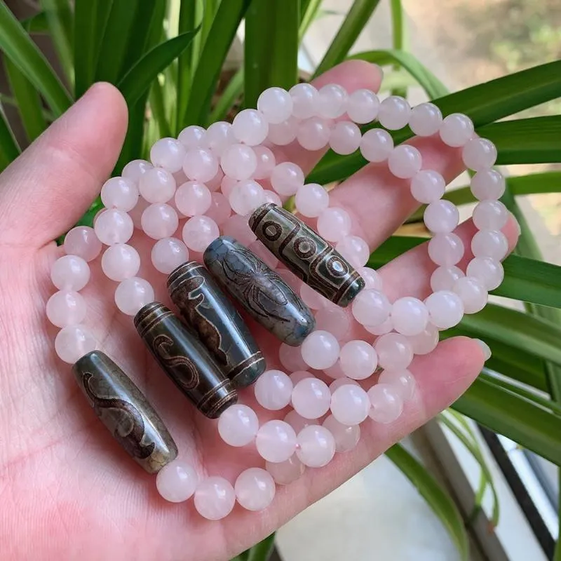 Strand pärlstav strängar naturliga tibetanska dzi agater armband för kvinnor Ruyi Guanyin Buddha Reiki Stone Bangles Rose Pink Quartz Crystal Armele