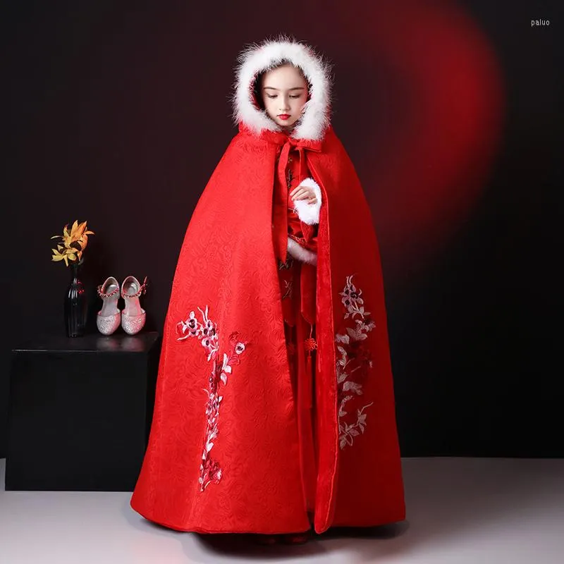 Ethnic Clothing Girl's Hanfu Red Cape Winter Embroidery Long Cloak Chinese Children Ancient Mantle Kids Year's Wear Keep Warm Christmas