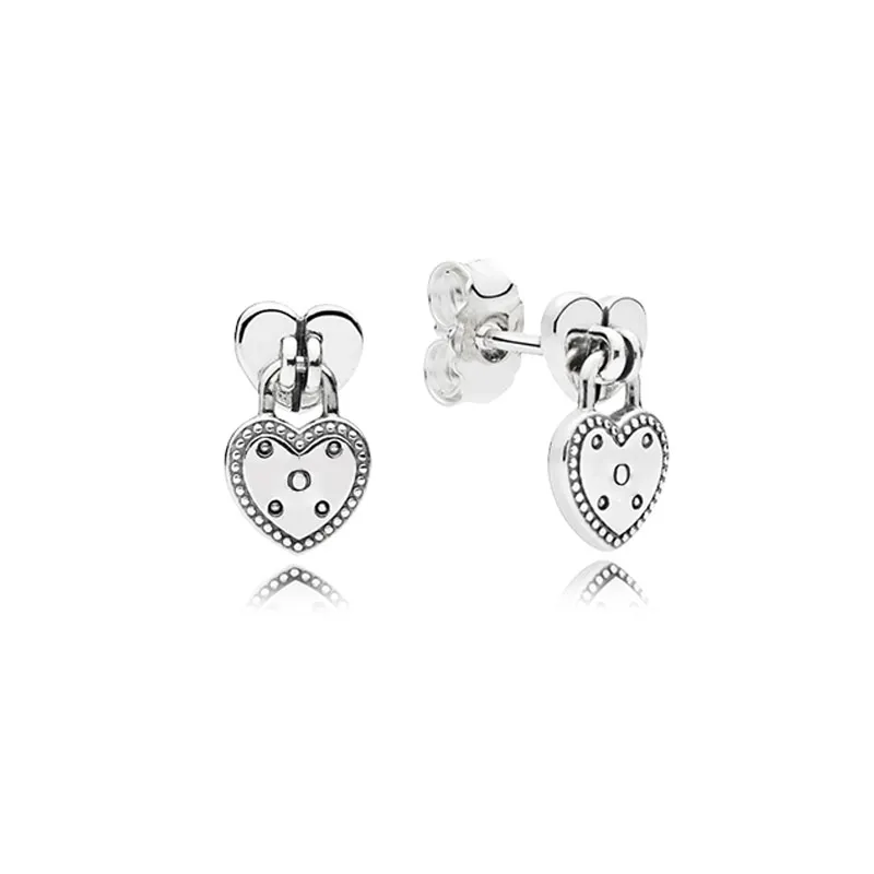 Herzförmiger Vorhängeschloss-Ohrstecker für Pandora, echter Sterlingsilber-Hochzeitsschmuck für Frauen, Freundin, Geschenk, Designer-Liebesherz-Ohrringe mit Original-Box-Set