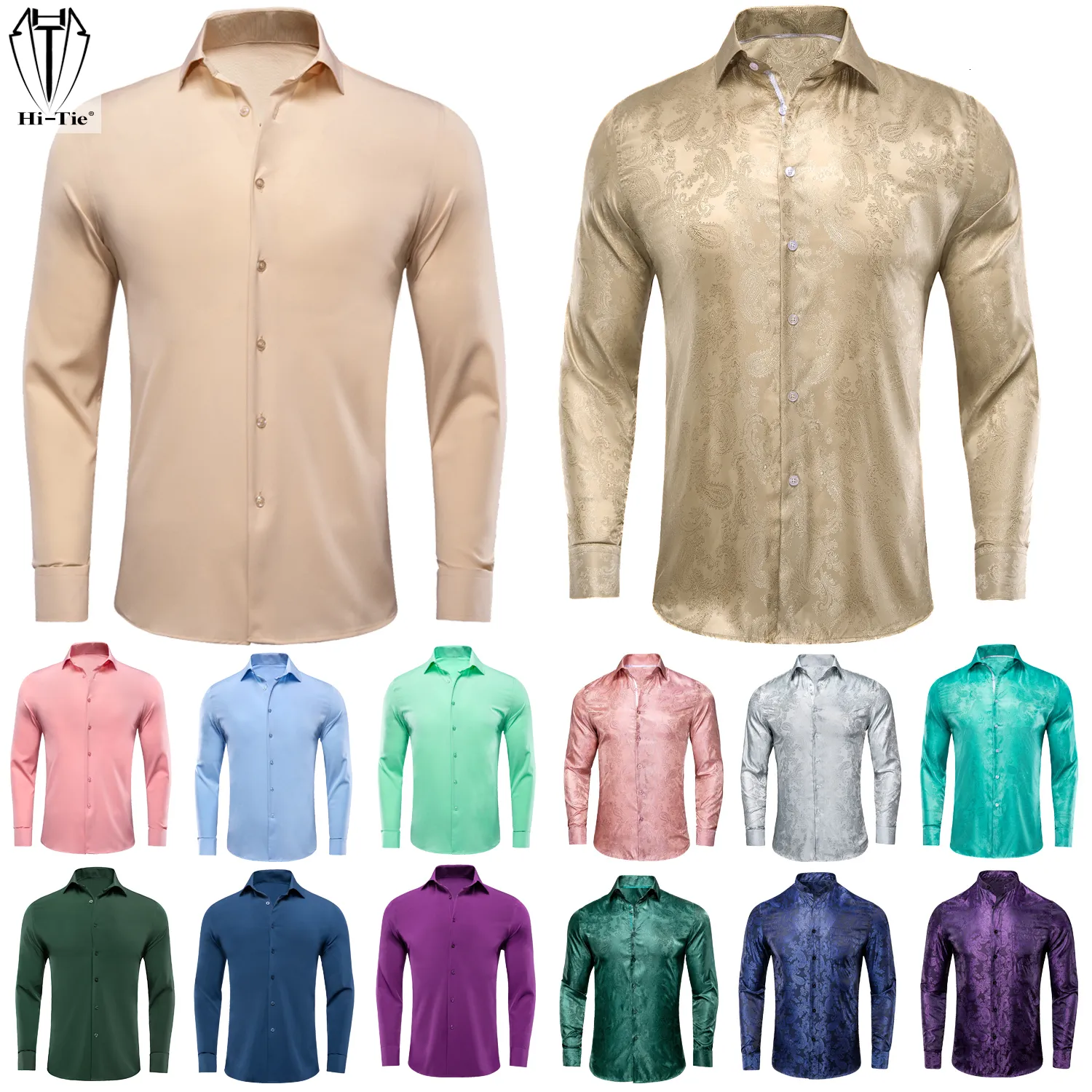 Camisas casuais masculinas Hi-tie jacquard seda mass de manga longa de lapela de lapela de trajes de trajes amarelo azul de menta rosa verde roxo marrom 2302227