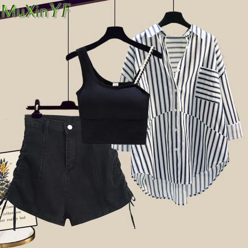 Dames Tweede stuk broek Zomer Dameskleding Set 2023 Koreaanse dame Casual Loose Stripe Shirt Black Vest Denim Korte broek Outfits Straatwear 230227